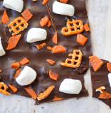 Dark-Chocolate Candy Bark with Marshmallow and Pretzels for Trick-or-Treat