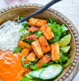 Crispy Garlic Tofu Rice Bowl with Romesco Sauce