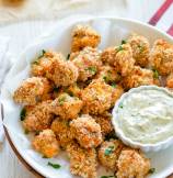 Baked Popcorn Chicken with Creamy Garlic Parmesan Dip