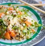 Roasted Corn and Kale Sprouts Rice Salad with Kimchi Dressing
