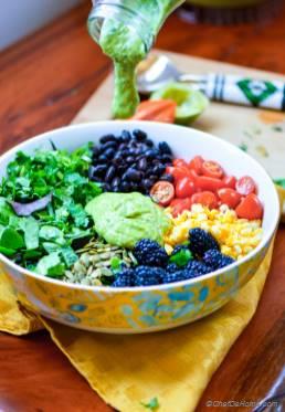 Mexican Black Bean and Berry Salad with Avocado Lime Dressing