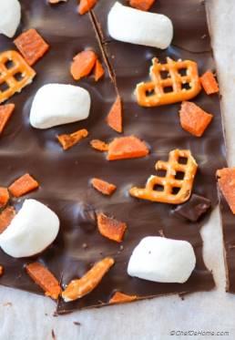 Dark-Chocolate Candy Bark with Marshmallow and Pretzels for Trick-or-Treat