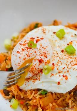 Spicy Kimchi Fried Rice with Poached Egg