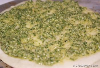 Step for Recipe - Rustic Spinach, Artichokes and Basil Pesto Pizza