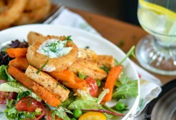 Step for Recipe - Tofu and Sweet Potato Fries Shawarma Salad Bowl with Onion Ring Croutons