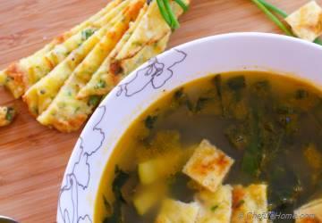 Kale and Zucchini Summer Soup with Chive Frittatine Croutons