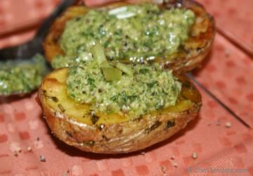 Baked Rustic Potatoes with Basil Pesto