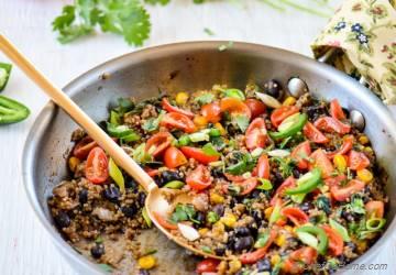 Southwest Skillet Quinoa (Rice) and Beans with Tomato-Mint Salsa
