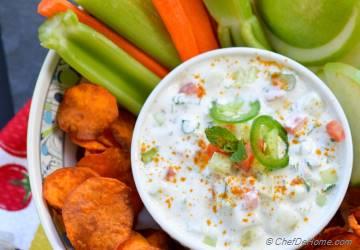 Loaded Raita Dip with Curry Dusted Sweet Potato Chips