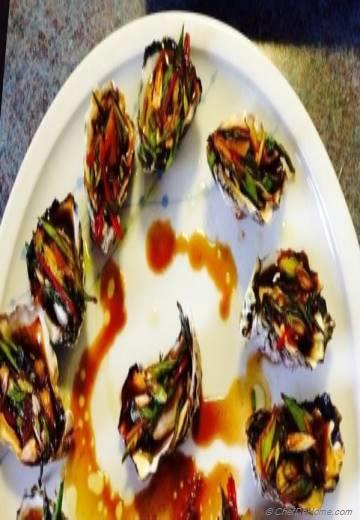 Baked Oysters with Garlicky, Sweet and Sour Scallion Sauce