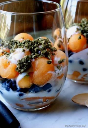 Melon, Blueberry and Yogurt Parfait with Hemp Cereal