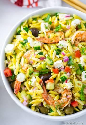 Greek Orzo Pasta Salad with Grilled Shrimp