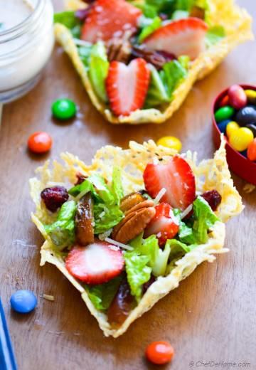 Brunch Salad in Parmesan Heart Cups with Chipotle-Sour Cream Dressing