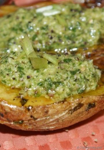 Baked Rustic Potatoes with Basil Pesto