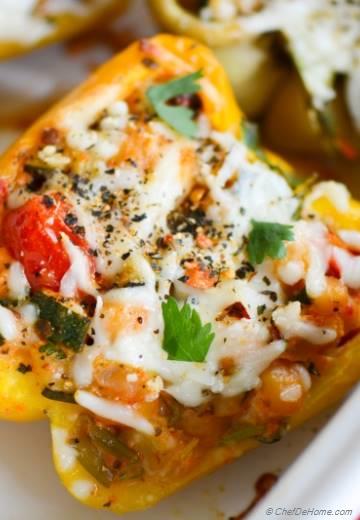 Chipotle Chicken and Chickpea Stuffed Heirloom Peppers