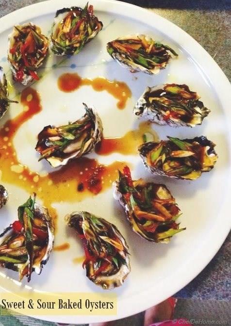 Baked Oysters with Garlicky, Sweet and Sour Scallion Sauce