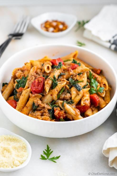 One Pan Pasta with Sausage and Spinach Recipe | ChefDeHome.com