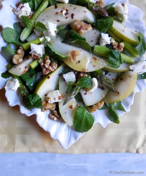 Pear and Asparagus Salad with Walnuts and Goat Cheese