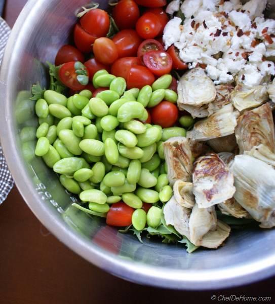 Cherry Tomatoes, Artichoke, Edamame Salad with Goat Cheese, Cilantro