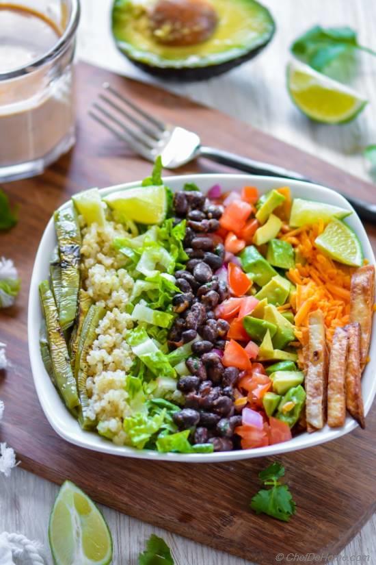 8 Layers Fried Black Beans and Quinoa Burrito Bowl Recipe | ChefDeHome.com