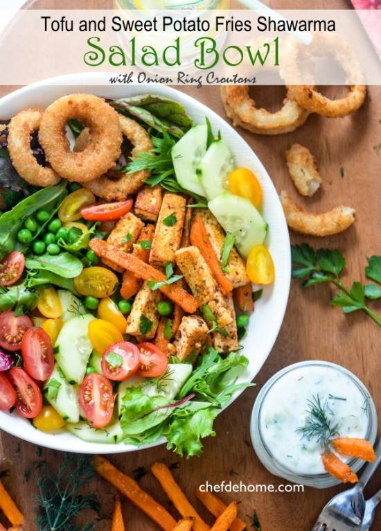 Tofu and Sweet Potato Fries Shawarma Salad Bowl with Onion Ring Croutons Recipe