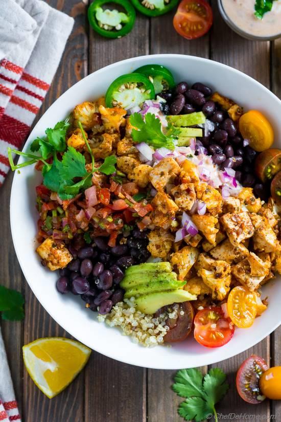 Roasted Cauliflower Chipotle Tofu Veggie Bowl Recipe