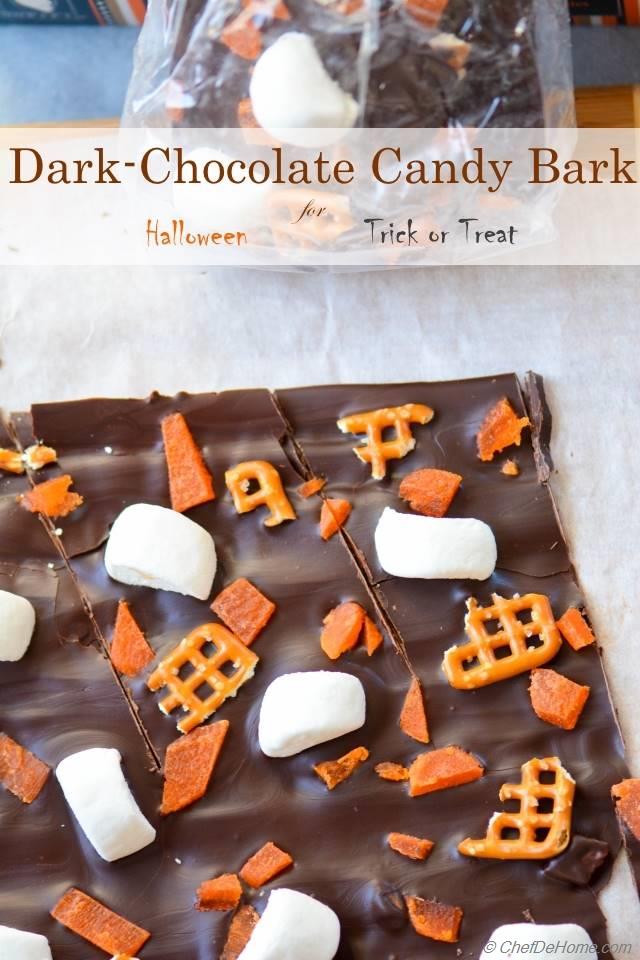 Dark-Chocolate Candy Bark with Marshmallow and Pretzels for Trick-or-Treat