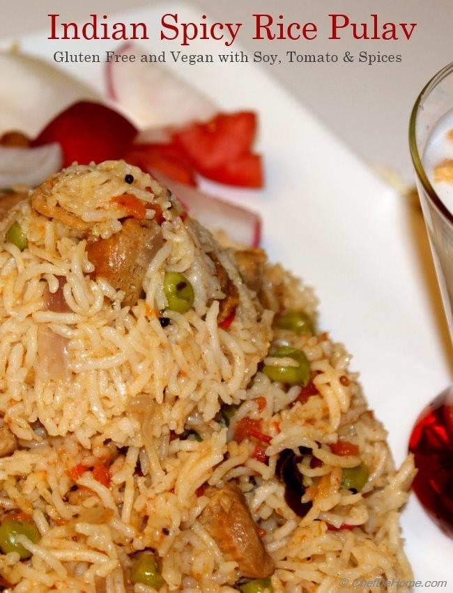 Indian Spicy Rice Pulav with Soy Nuggets, Tomatoes and Spices
