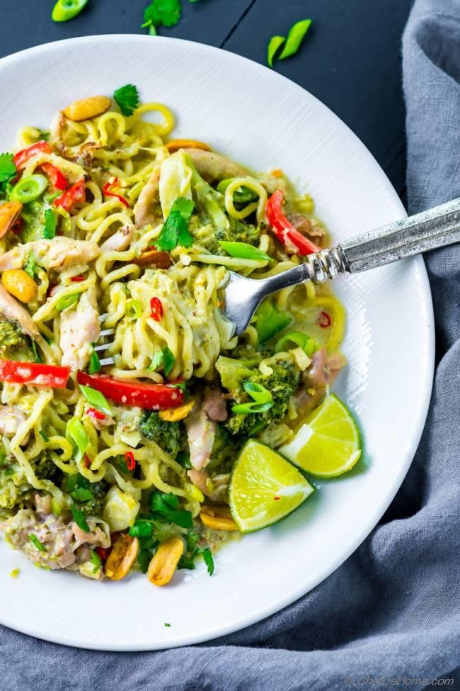 Thai Green Curry Chicken Noodles Recipe Chefdehome Com Yes, this curry freezes well and will keep in sealed containers for 6 weeks. thai green curry chicken noodles