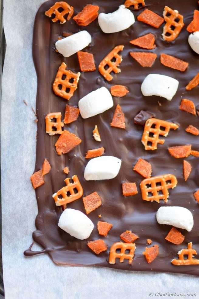 DarkChocolate Candy Bark with Marshmallow and Pretzels for Trickor