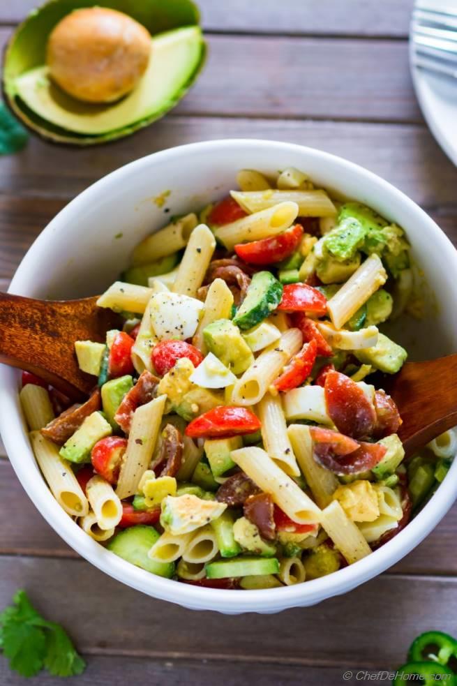 Deviled Egg Pasta Salad with Avocado Recipe | ChefDeHome.com