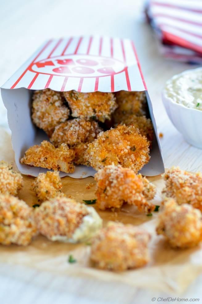 Baked Popcorn Chicken with Creamy Garlic Parmesan Dip Recipe