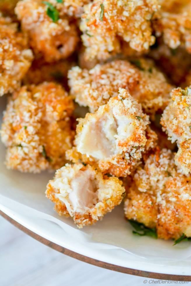 Baked Popcorn Chicken with Creamy Garlic Parmesan Dip Recipe