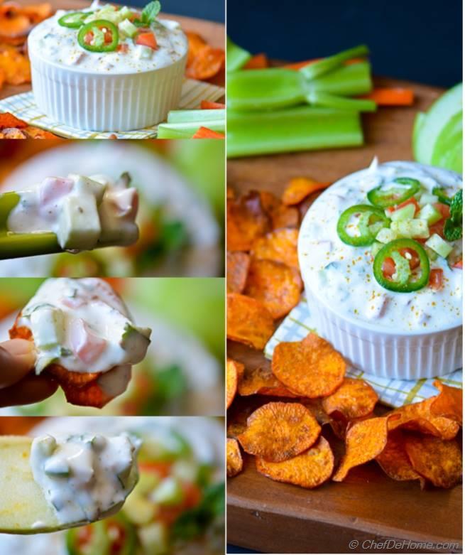 Loaded Raita Dip with Curry Dusted Sweet Potato Chips Recipe