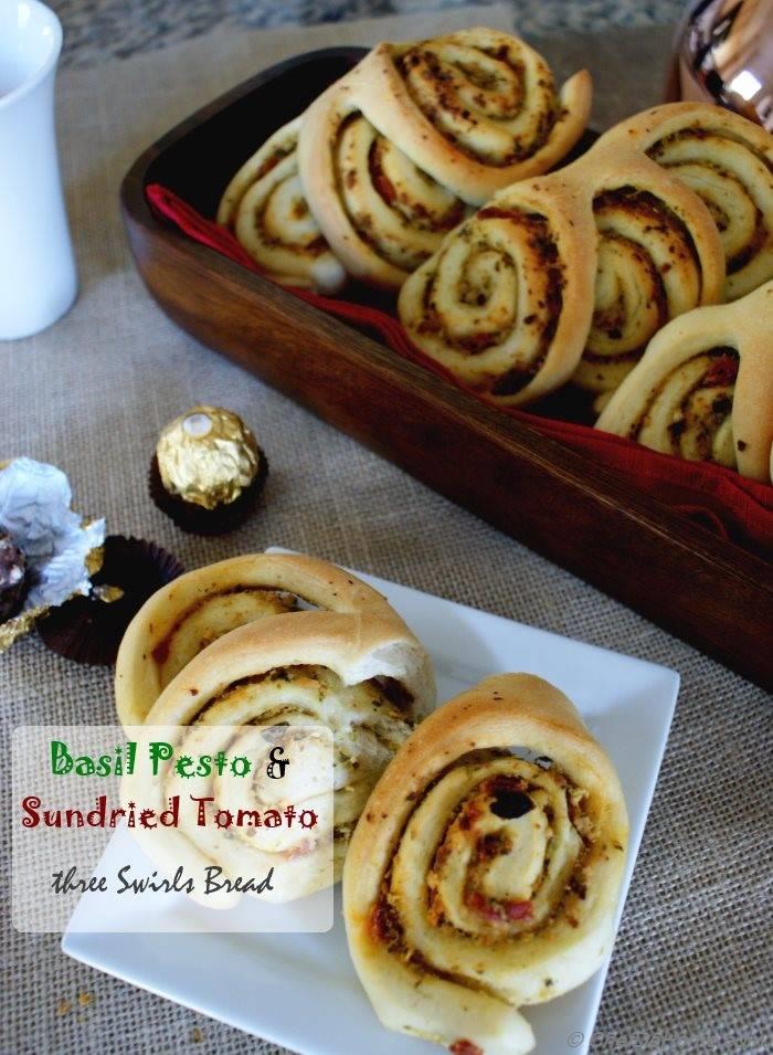 Three Swirls Breakfast Bread Rolls with Basil Pesto and Sun-dried Tomato