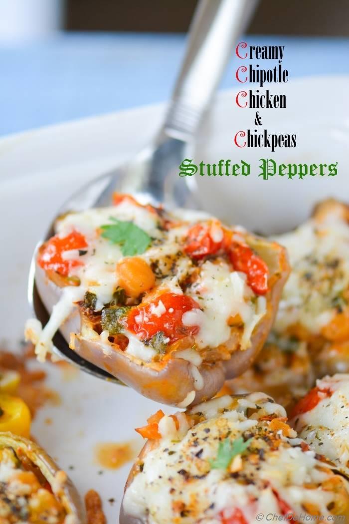 Chipotle Chicken and Chickpea Stuffed Heirloom Peppers