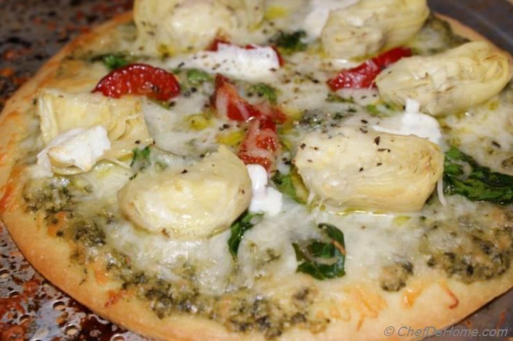 Rustic Spinach, Artichokes and Basil Pesto Pizza