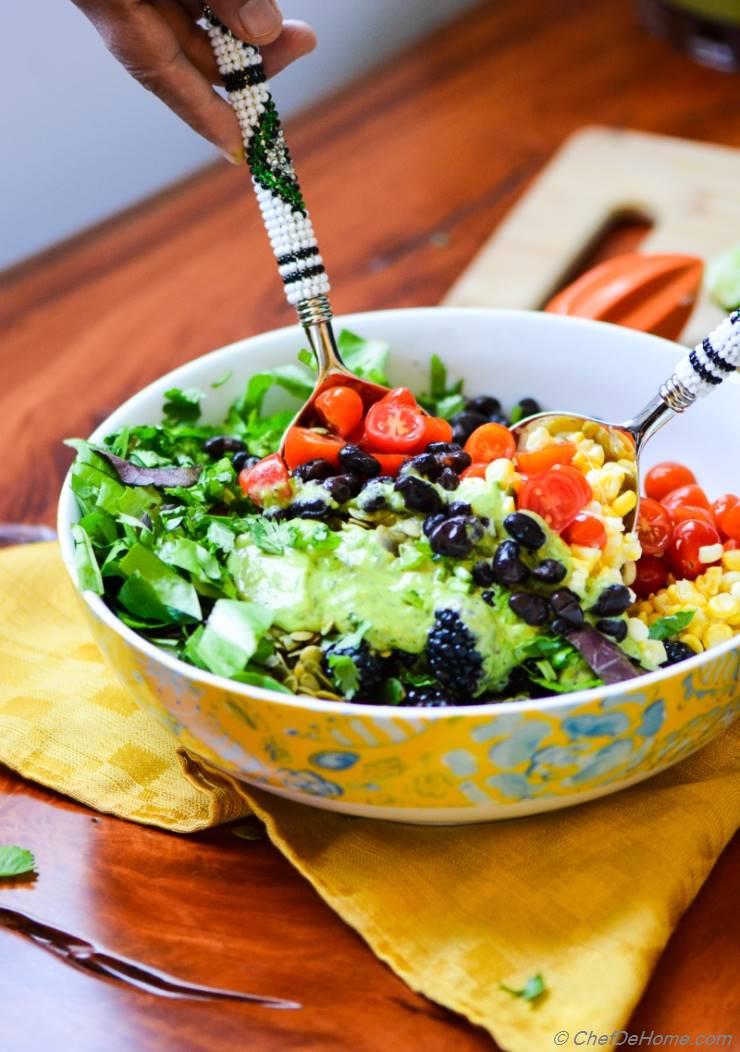 Mexican Black Bean and Berry Salad with Avocado Lime Dressing