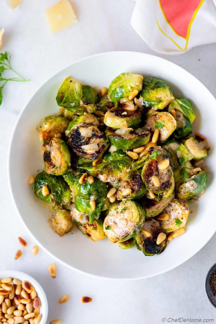 Sauteed Brussel Sprouts with Garlic Parmesan Sauce