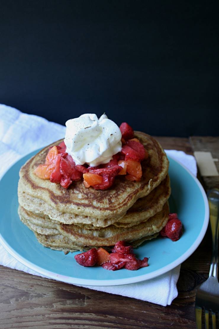 Fluffy Multigrain Pancakes with Strawberry-Peach Compote