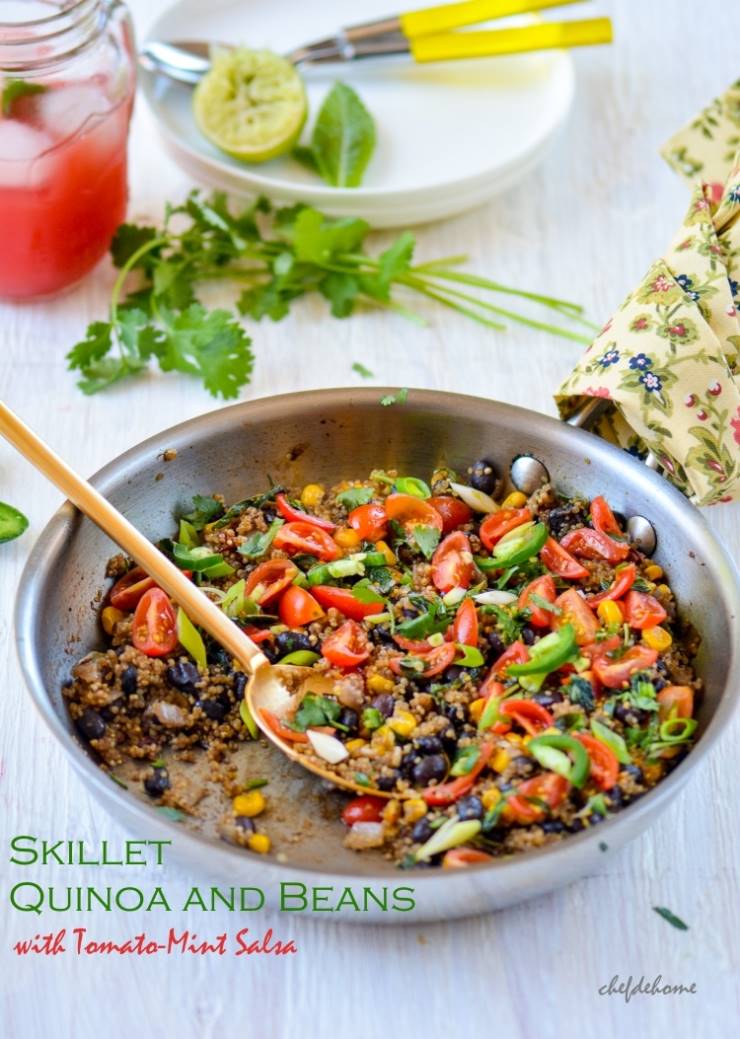 Southwest Skillet Quinoa (Rice) and Beans with Tomato-Mint Salsa