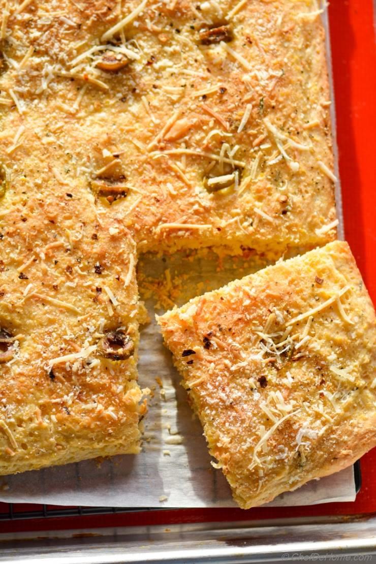 Olives and Parmesan Cornbread Focaccia