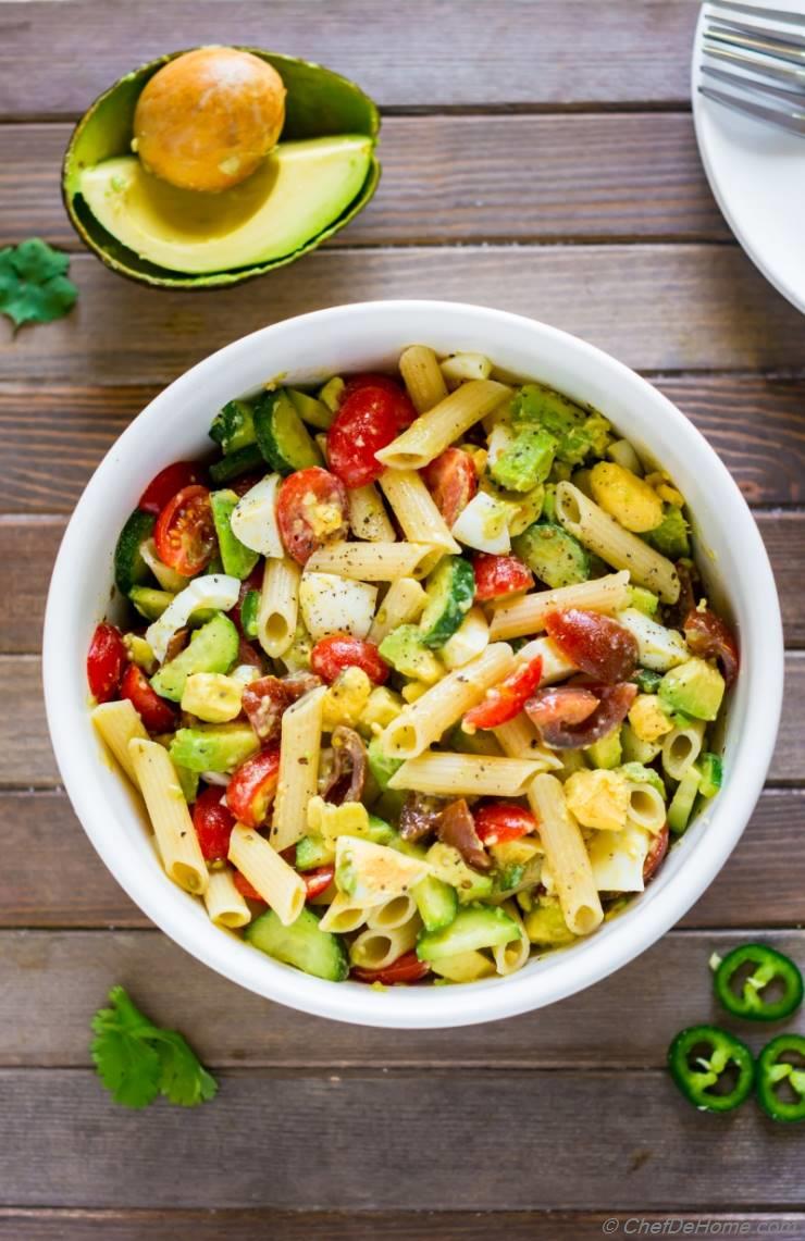 Deviled Egg Pasta Salad with Avocado