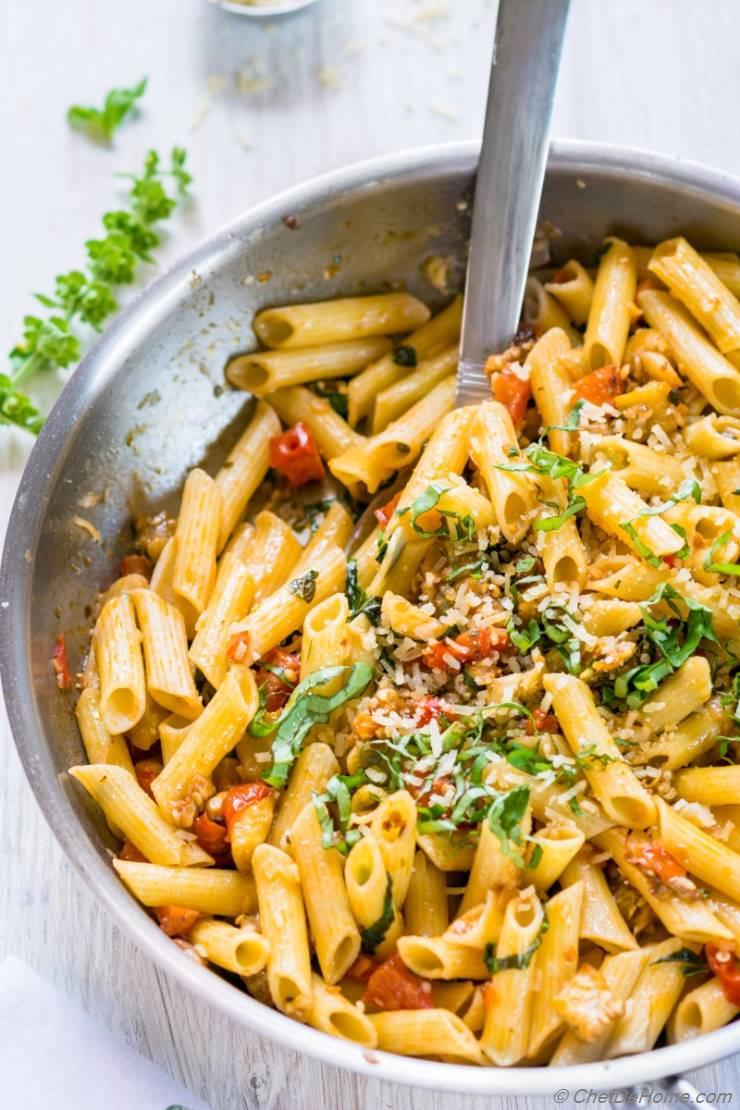 Roasted Eggplant and Tomato Penne Pasta Recipe | ChefDeHome.com