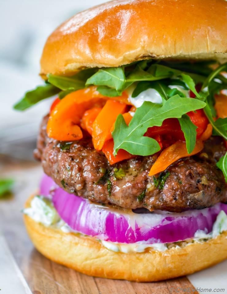 Greek Mint and Lamb Burgers with Cucumber Yogurt Sauce