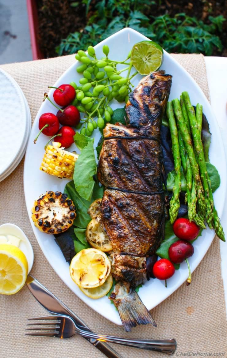 Cajon Seasoned Grilled Whole Branzino with Lemons Recipe | ChefDeHome.com