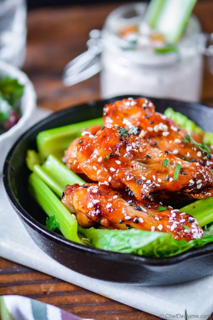 Crispy Baked Chicken Wings with Kimchi Caramelized Honey Sauce