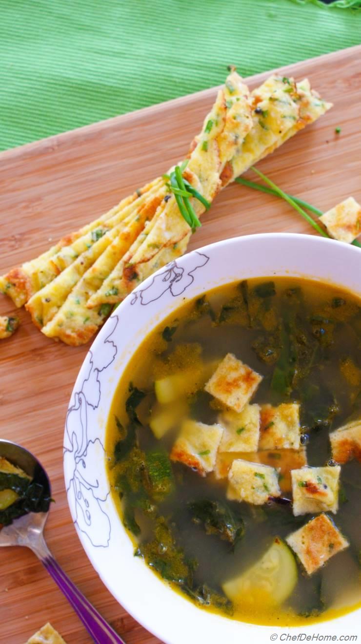 Kale and Zucchini Summer Soup with Chive Frittatine Croutons