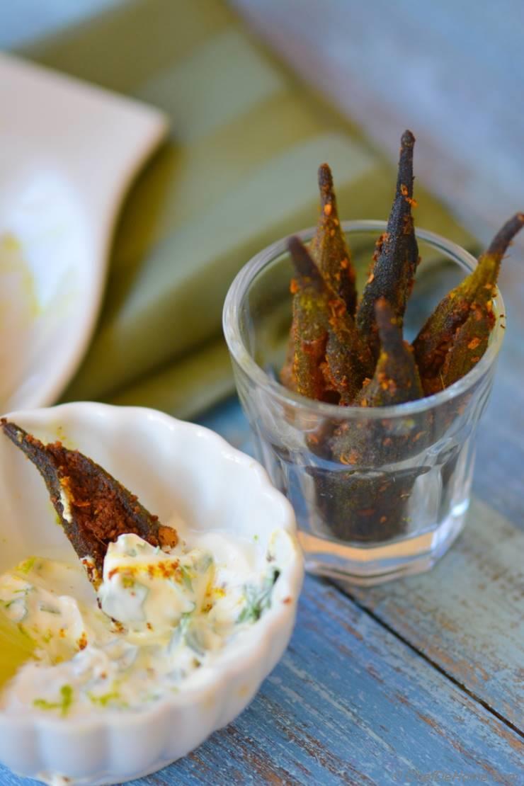 Spicy Baked Okra Fries with Homemade Creole Spice and Lime-Cilantro Dip