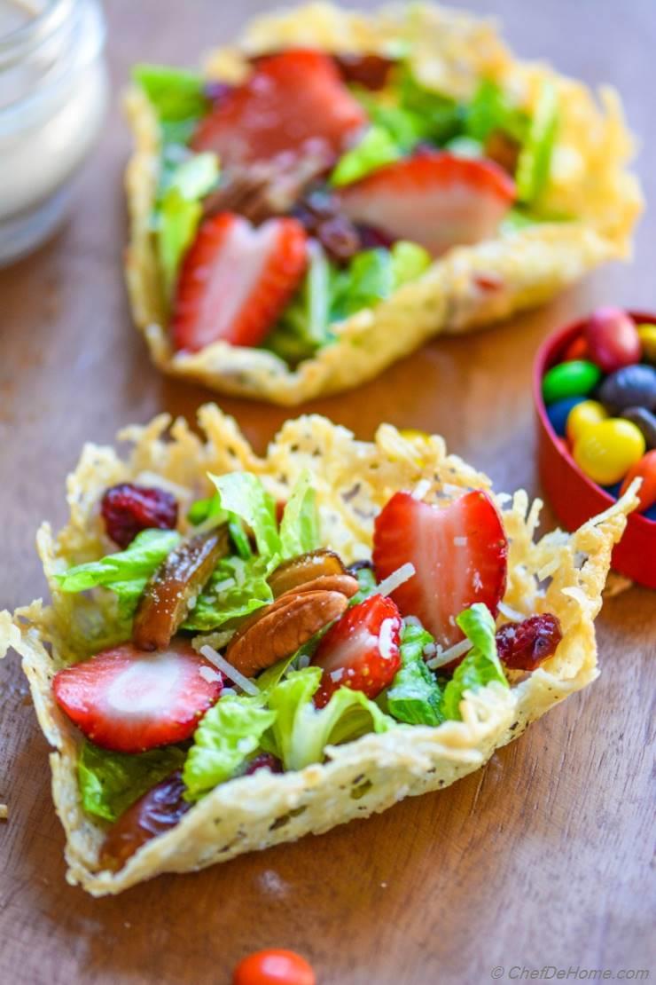 Brunch Salad in Parmesan Heart Cups with Chipotle-Sour Cream Dressing